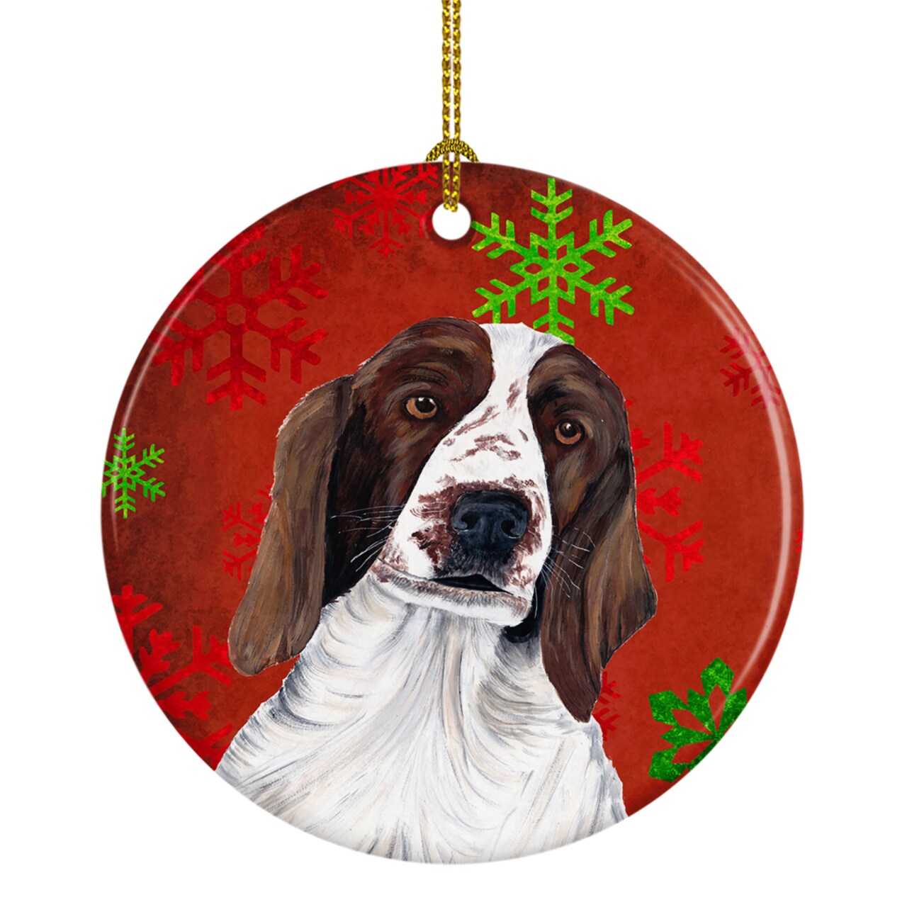 Caroline&#x27;s Treasures   SC9420-CO1 Welsh Springer Spaniel Red  Green Snowflakes Holiday Christmas Ceramic Ornament, 3 in, multicolor